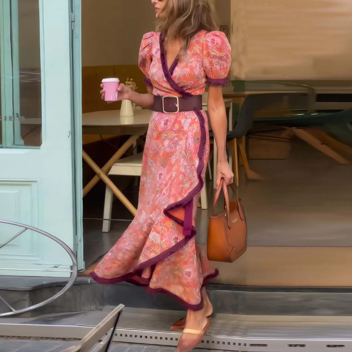 Sophie | Elegancka Różowa Sukienka Maxi z Krótkim Rękawem