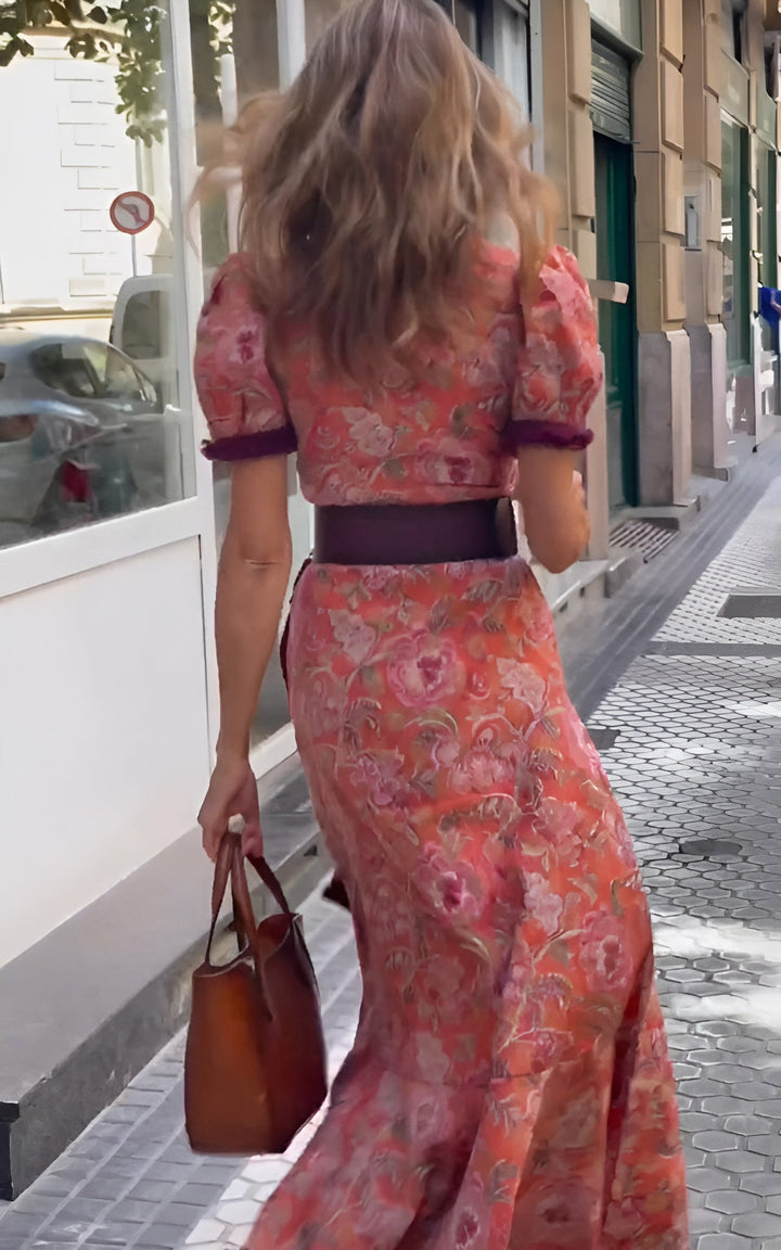 Sophie | Elegancka Różowa Sukienka Maxi z Krótkim Rękawem