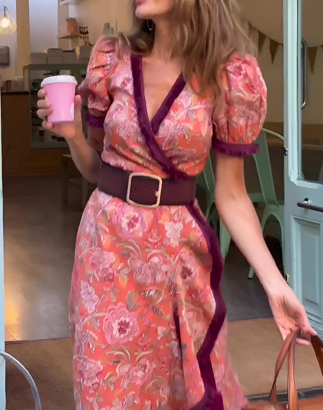 Sophie | Elegancka Różowa Sukienka Maxi z Krótkim Rękawem