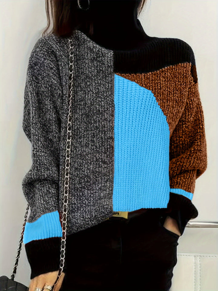 Sweter z Golfem Kolorowy Wzór Blokowy Oversized