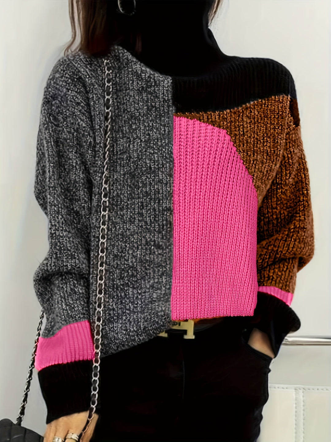 Sweter z Golfem Kolorowy Wzór Blokowy Oversized
