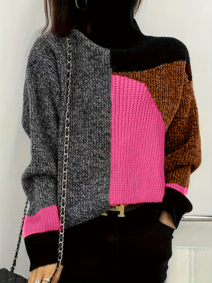 Sweter z Golfem Kolorowy Wzór Blokowy Oversized