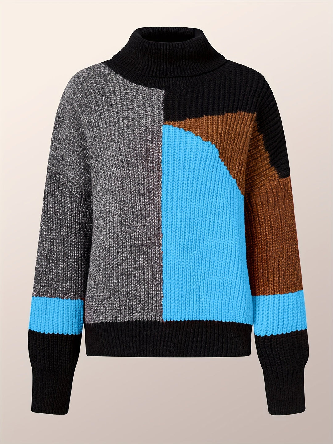 Sweter z Golfem Kolorowy Wzór Blokowy Oversized