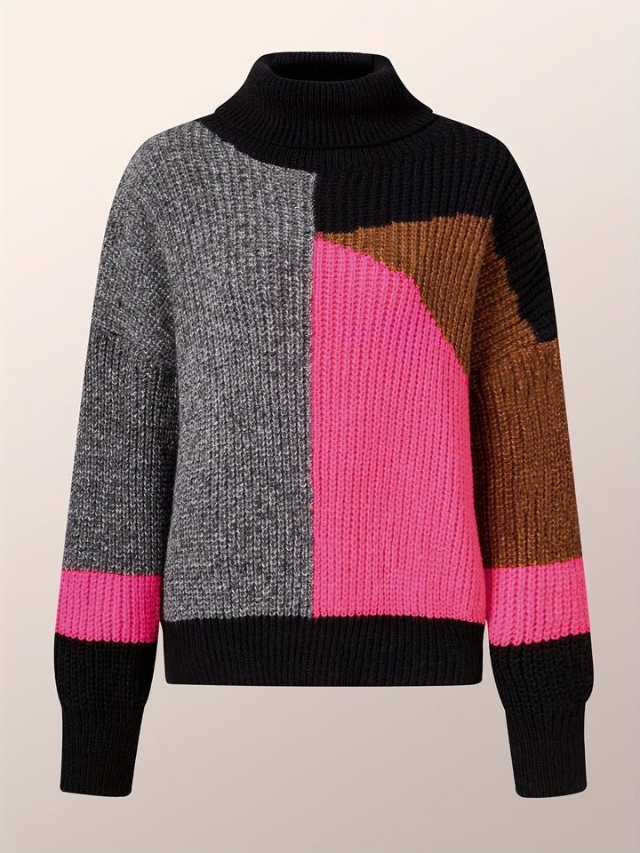 Sweter z Golfem Kolorowy Wzór Blokowy Oversized