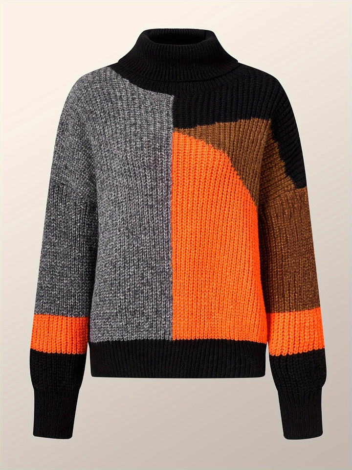 Sweter z Golfem Kolorowy Wzór Blokowy Oversized