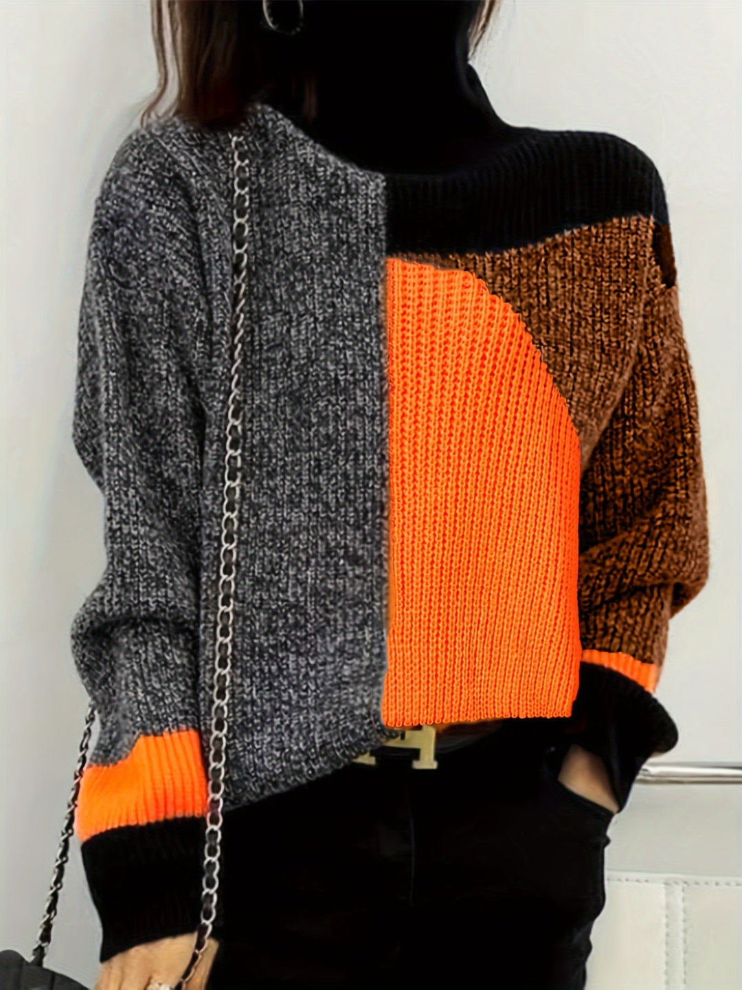 Sweter z Golfem Kolorowy Wzór Blokowy Oversized