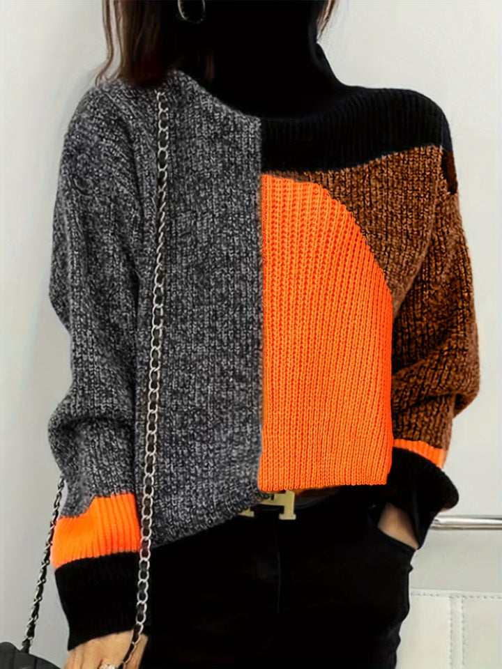 Sweter z Golfem Kolorowy Wzór Blokowy Oversized