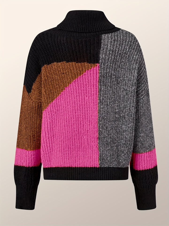 Sweter z Golfem Kolorowy Wzór Blokowy Oversized